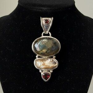 Vintage Green Labradorite(?) Garnet Pearl Pendant 925 Silver Setting